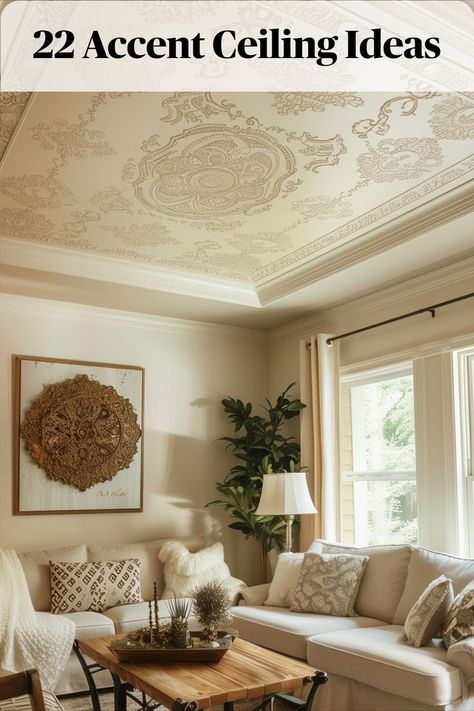 Elevate your ceiling with intricate stencil designs, adding artistic flair to your space. Choose from a variety of patterns to suit your style, from classic to contemporary. Wallpaper On Ceiling Bedroom Gold, Accent Ceiling Ideas, Rectangle Ceiling Medallion, Star Ceiling Medallion, Sunburst Ceiling Medallion, Gold Leaf Ceiling Medallion, Accent Ceiling, Easy Room Decor, Ceiling Texture