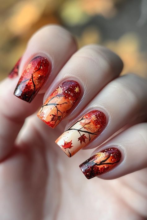 Fall Leaves Nails Design, Fall Tree Nails, Fall Leaves Nails, Fall Leaf Nail Art, Fall Leaves Nail Art, Cozy Fall Vibes, Tree Nails, Pumpkin Nails, Spring Nail Designs