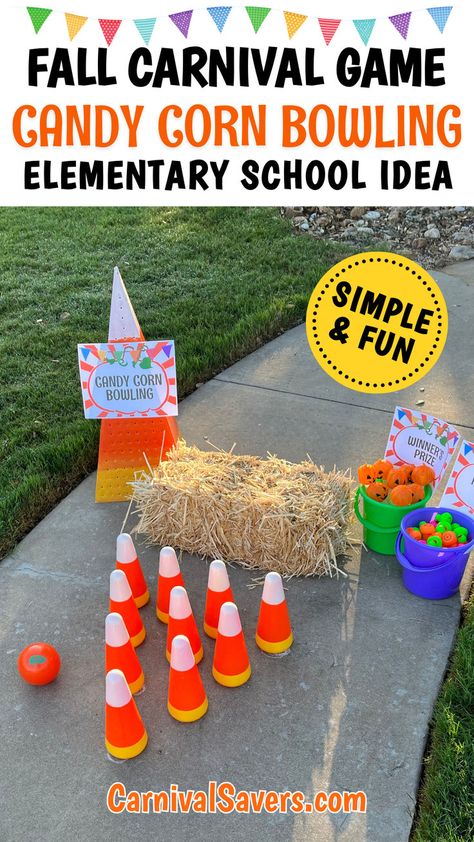 image shows a fall-themed bowling game idea for an elementary fall carnival Harvest Feast Games, Candy Corn Bowling, Pumpkin Bowling Game Fall Festivals, Candy Corn Toss, Fall Carnival Games For Kids, Fun Fall Games For Kids, Fall Carnival Booth Ideas, Kids Carnival Ideas, Elementary School Fall Festival Ideas