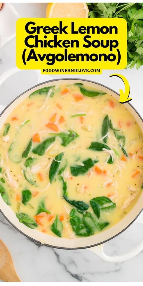 Greek Lemon Chicken Soup (Avgolemono) Avelomono Soup, Leek And Chicken Soup, Greek Lemon Chicken And Farro Soup, Mediterranean Recipes Soup, Greek Chicken Lemon Soup, Lemon Savory Recipes, Lemon Soup Greek, Mediterranean Diet Soup Recipes, Greek Lemon Chicken Soup Avgolemono