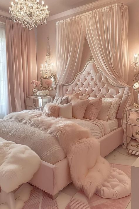 Give her a royal atmosphere with these 20 princess-themed girls' bedroom ideas. Each design transforms everyday spaces into regal chambers fit for a young princess, featuring luxurious fabrics and regal decor. Visit our website to choose a majestic theme she will adore! Fabric Bed Ideas, Room Decor Ideas Princess, Royal Room Design, Luxurious Pink Bedrooms, Princess Theme Bedroom Ideas, Cozy Princess Bedroom, Girls Bedroom Ideas Princess, Princess Bed Ideas, Fantasy Princess Bedroom