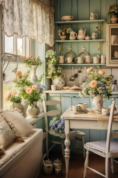 Cottagecore interior exudes cozy charm with floral patterns, rustic wooden furniture, soft pastel hues and vintage accents. Cottagecore Interior Living Room, Cottagecore Soft Aesthetic Room, Cottage Kitchen Breakfast Nook, Cottage Core Colors Pallet, Victorian Cottagecore House Interior, Cottagecore Aesthetic Living Room Vintage, Floral House Decor Interior Design, Pastel Farmhouse Decor, Boho Cottagecore Decor