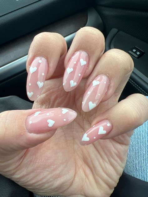 Nails With Hearts Acrylic, Pink Nails White Hearts, White Heart Acrylic Nails, Light Pink Heart Nails, Pastel Heart Nails, Nails With Black Hearts, Light Pink And White Nails, Hearts Acrylic Nails, Nails With White Hearts