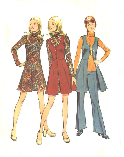 vest-like overdress 70s Mini Dress, Vintage Clothes Patterns, 1970s Sewing Patterns, Vest And Pants, Retro Sewing Patterns, Mod Mini Dress, 60s And 70s Fashion, 70s Inspired Fashion, Trendy Sewing