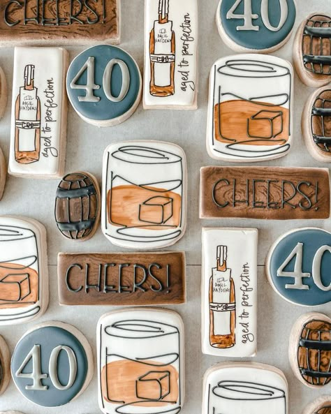 40th Birthday Custom Cookies. Collage of various shaped cookies, bourbon glass with icecube, barrel cookie, cheers cookie with wood background, bourbon bottle cookie with "aged to perfection" words, round "40" cookie.  Bourbon Country theme, bourbon cookies,  cheers to 40 years cookies, butter cookies, sugar cookies.  MH Cookie Shoppe #CookiesBringJoy Whiskey Bottle Cookies Decorated, Bourbon Glass Cookies Decorated, Cheers Themed Birthday Party, 55 Birthday Cookies For Men, 1983 Birthday Cookies, Bourbon Themed Cookies Decorated, Bourbon Themed 40th Birthday Party, 21st Birthday Cookies Decorated For Guys, Whiskey Theme Cookies