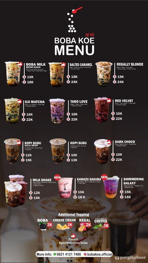 Bubble Tea Sealing Film Design, Bubble Tea Menu Design, Coffee Menu Design Ideas, Drink Menu Design Ideas, Milk Tea Menu, Boba Shop Aesthetic, Boba Menu, Bubble Tea Menu, Menu Drink