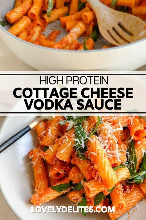 How to make a high protein Cottage Cheese Vodka Sauce. Add protein to a classic tomato cream vodka sauce with my Cottage Cheese Vodka Sauce recipe. Easy to make and so delicious. Perfect to serve over pasta on a cold night. Vodka Sauce With Cottage Cheese, Protein Vodka Pasta, High Protein Vodka Pasta, Cottage Cheese Vodka Pasta Sauce, Cottage Cheese Chicken Pasta, Cottage Cheese Tomato Sauce, Cottage Cheese Vodka Sauce, Healthy Vodka Pasta, Cottage Cheese Sauce Pasta