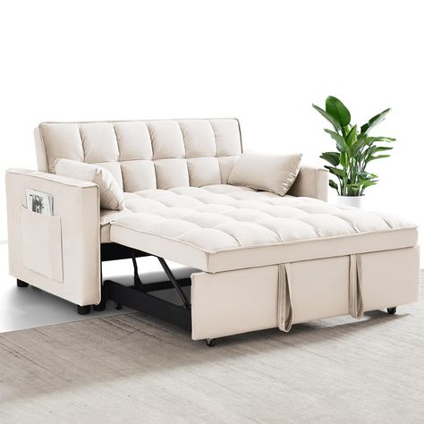 PRICES MAY VARY. 【3 IN 1 CONVERTIBLE SLEEPER SOFA BED】Easily converts from a loveseat to a chaise longue or sleeper with pull-out bed and auxiliary hand straps. Ideal for small spaces like dorms, apartments, and studios. 【3 LEVELS ADJUSTABLE BACKREST】The backrest adjusts to 3 angles (110°, 150°, 180°) for optimal comfort, perfect for sitting, lying, and sleeping. 【STORAGE POCKETS】Includes a side bag for convenient storage of TV remotes, cell phones, glasses, or books. 【VELVET SOFA BED】Crafted fr Comfy Room Ideas, Comfy Room, Sofa Futon, Loveseat Sofa Bed, Loveseat Sleeper Sofa, Couches For Living Room, Home Basement, Pull Out Couch, Modern Sofa Bed