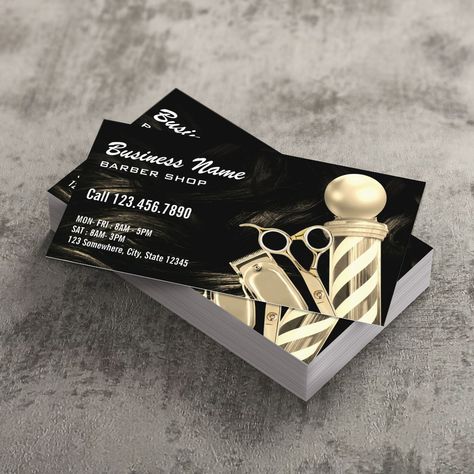 Barber Shop Business Cards, Barber Business Cards, Shop Business Card, Barbershop Ideas, Barber Logo, Gold Scissors, Business Cards Layout, Barbershop Design, Barber Pole