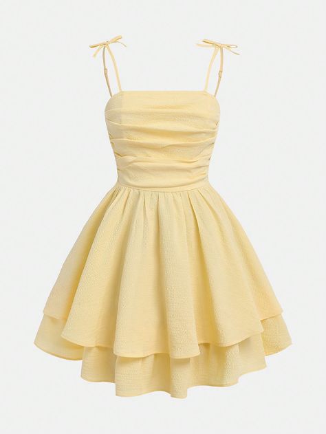 Teen Girl Woven Solid Color Ruched Layered Hem Casual Cami Dress Mustard Yellow   Sleeveless Woven Fabric Plain Cami Non-Stretch  Teen Girls Clothing, size features are:Bust: ,Length: ,Sleeve Length: Cute Dresses Yellow, Dresses For Middle School Dances Simple, Dresses For Winter Formal For Teens, Grade 8 Dresses Graduation, Yellow Sweet Sixteen Dresses, Cute Yellow Dresses Summer, Grad Dresses Middle School, Yellow Dress Cheap, Spring Dresses For Teens