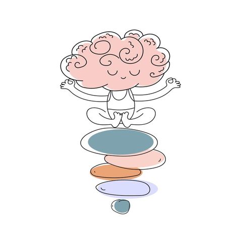 Cute funny brain character meditate sitting on stack of zen rock pyramid. Equality, Mental stability concept. Vector doodle illustration. Brain Character, Meditation Kids, Brain Illustration, Vision Board Diy, Illustration Children, Zen Rock, Vector Doodle, Mental Stability, Making A Vision Board