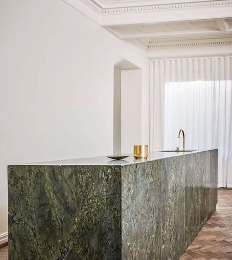 Marble Kitchen Island, Replacing Kitchen Countertops, Marble Countertops Kitchen, Marble Island, Marble Block, Grey Kitchen Cabinets, Kitchen Marble, Luxury Kitchens, Kitchen Tops