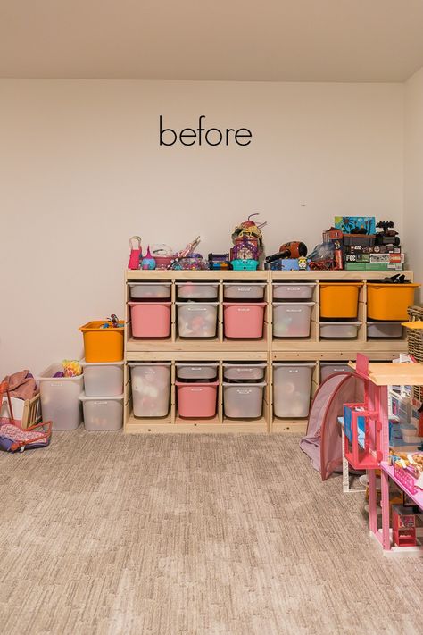 My Current House | So Much Better With Age Playroom Wall Storage Ideas, Small Toy Room Organization, Kids Toy Organization Small Spaces, Small Bedroom Toy Storage Ideas, Small Playroom Storage Ideas, Small Playroom Storage, Basement Toy Organization, Toy Storage For Small Spaces Bedrooms, How To Organize Playroom