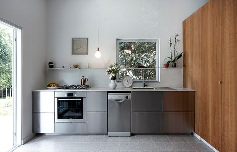 Ikea kitchen in Apartment, in a building from the late 50s in the city center of Tel-Aviv. Designed by Salty Architects. Ikea Steel Kitchen, Stainless Kitchen Design, Steel Kitchen Design, Stainless Steel Kitchen Design, New Kitchen Sink, Kitchen Steel, Metal Kitchen Cabinets, Kitchen Sink Ideas, Faucets Ideas