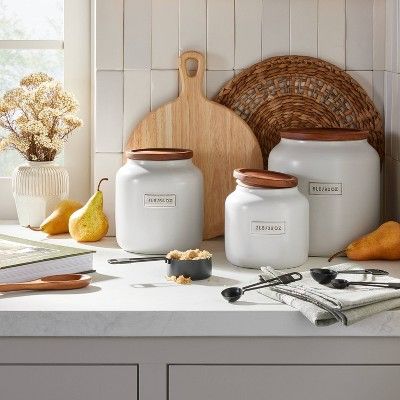 Hearth And Hand With Magnolia Living Room, Canisters For Kitchen Display, Flour And Sugar Containers On Counter, White Canisters For Kitchen, Farmhouse Canisters For Kitchen, Sugar Canister Ideas, Kitchen Canisters On Counter Display, Baking Station Ideas, Kitchen Canisters On Counter