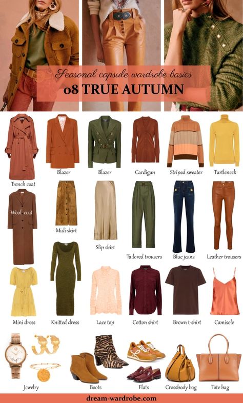 Warm (True) Autumn Color Palette and Wardrobe Guide | Dream Wardrobe Autumn Season Outfits For Women, Cool Autumn Color Palette Outfits, Autumn Palette Colors Clothes, Autumn Colours 2023, Fall Fashion Color Palette, Redhead Color Palette Clothes, Autumn Colour Capsule Wardrobe, Autumn Season Color Palette Outfits, Fall Colour Outfits