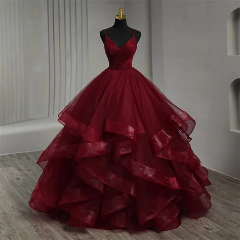 Red Ball Gowns Prom, Sparkling Red Dress, Deep Red Ball Gown, Burgundy Sweet 16 Dresses, Red Prom Dress Corset Top, Red Ball Gown Aesthetic, Red Prom Dress Flowy, Deep Red Prom Dresses, Quinceanera Dresses Dark Red