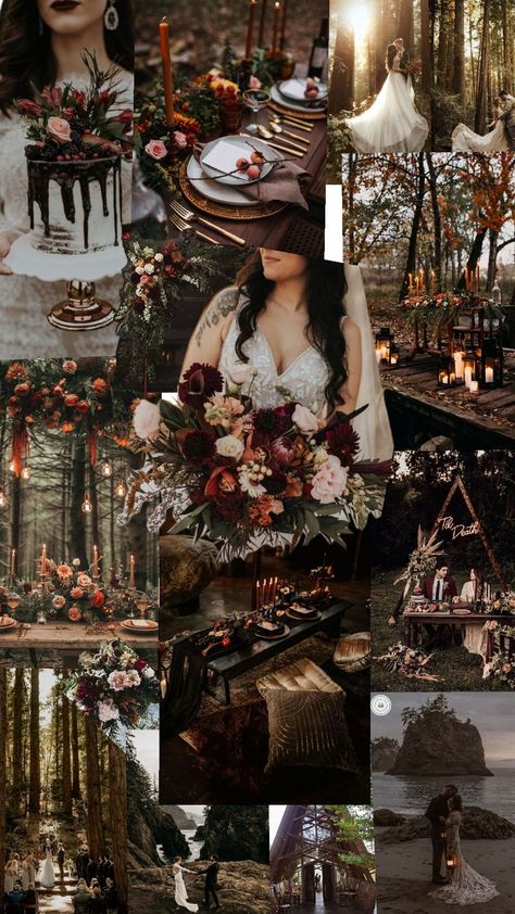 Gothic Forest Wedding, Fall Forest Wedding, Gothic Forest, Dark Romantic Wedding, Gothic Wedding Theme, Romantic Wedding Colors, Dark Wedding Theme, Wedding Collage, Forest Theme Wedding