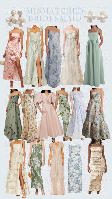 Barrow Silk Dress curated on LTK Bridesmaid Dresses Different Patterns, Mismatched Bridesmaid Dresses Silk, Bridesmaid Dresses Garden Party, Summer Garden Wedding Bridesmaids, Mis And Match Bridesmaid Dresses, European Wedding Bridesmaids, Bridgerton Inspired Bridesmaid Dresses, Non Traditional Bridesmaids, Maid Of Honour Dresses Different Style