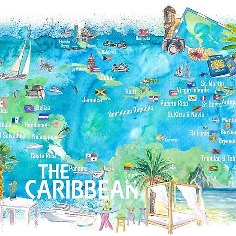 Eastern and Western Caribbean Illustrated Travel Map with Landmarks Highlights and Impressions Carribean Illustration, Caribbean Islands Map, Caribbean Vibes, Jamaican Vacation, Dorm Hacks, Cruise Ideas, Jimmy Buffet, Western Caribbean, Pictorial Maps