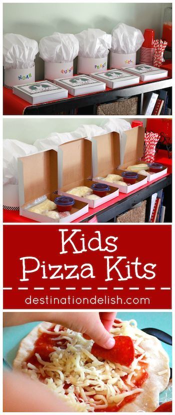 Kids Pizza Kits - a cute pizza party idea for the kids! These pizza kits let kids be a chef for the day as they make their own personal mini pizzas. Baking Party Activities, Valentine’s Day Pizza Party, Pizza Making Birthday Party, Chef Party For Kids, Chef Birthday Party Ideas For Kids, Kids Pizza Ideas, Cooking Birthday Party Ideas For Kids, Cooking Themed Birthday Party, Pizza Day Activities For Kids