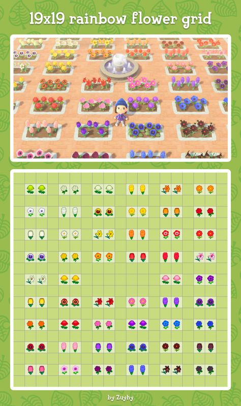 Rainbow Flower Animal Crossing, Animal Crossing Flower Layout, Animal Crossing Flower Garden Layout, Acnh Rainbow Flower Garden Layout, Animal Crossing Tips For Beginners, Acnh Island Theme Ideas List, Animal Crossing Flower Guide, Animal Crossing Flower Garden, Acnh Island Layout Ideas