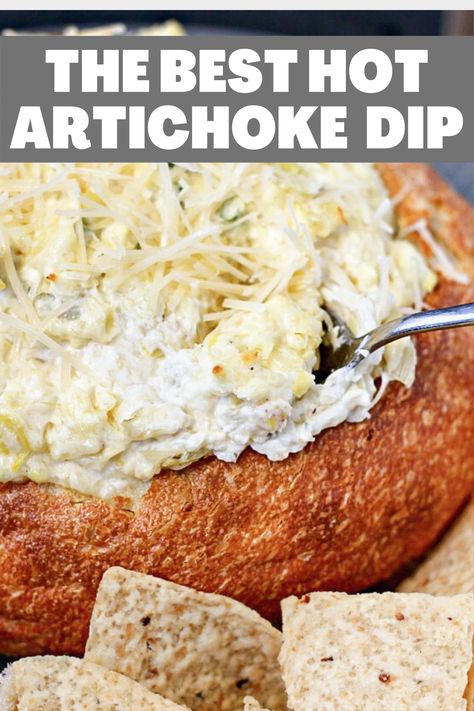 Hot Artichoke Dip Recipe Crock Pot, Artichoke Dip In Bread Bowl, Hot Snacks For Party, Appetizer Hot Dips, Artichoke Dip Recipes Baked, Pampered Chef Artichoke Dip, Creamy Artichoke Dip, Garlic Artichoke Dip, Artichokes Dip