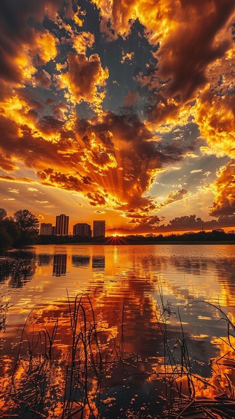 Sunset sky, golden clouds, red and yellow colors, burning cloud patterns over the city of Texas, lake view, real photography, high definition details in the style of real photography. Las Aesthetic, Yellow And Red Aesthetic, Veronika Core, Landscape Photography Aesthetic, Sunset In City, Beautiful Sky Pictures, Sunsets Aesthetic, Lake Pattern, Golden Clouds