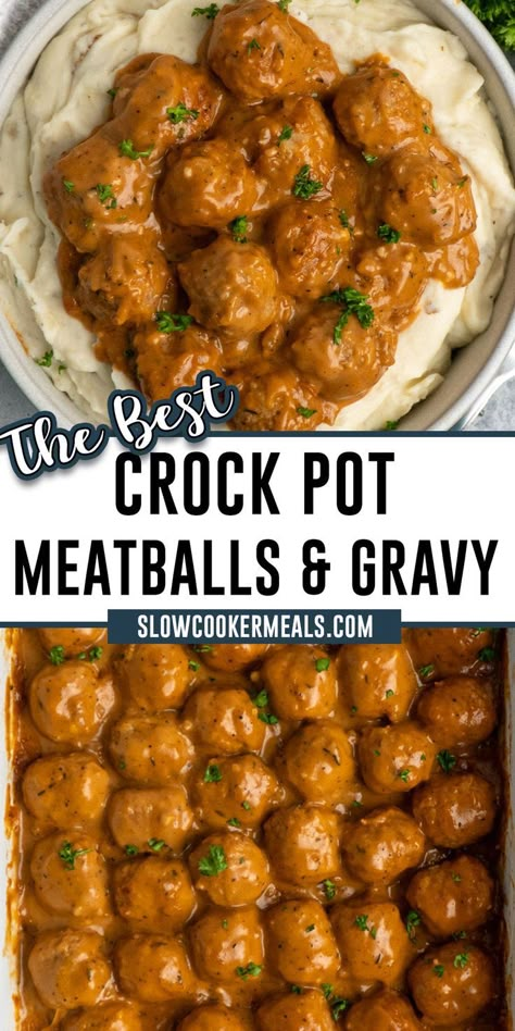 Rice With Meatballs Dinners, Best Crockpot Meatballs Ever, Meatball Mashed Potato Recipes, Crockpot Gravy Meatballs, Crockpot Meatballs And Mashed Potatoes, Meatballs And Gravy Over Rice, Meatball Recipes Slow Cooker, Crock Pot Meatballs And Gravy, Slow Cooker Meatballs And Gravy