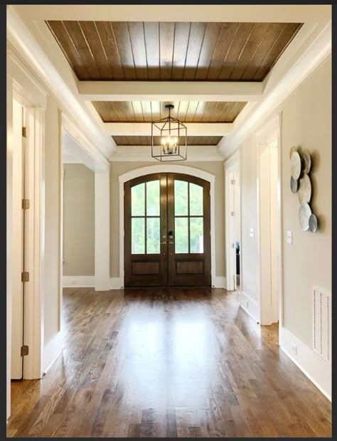 Entry Ceiling Ideas, Cauffered Ceiling, Foyer Ceiling Ideas, Entryway Update, Wooden Ceiling Ideas, Foyer Ceiling, Transitional Entry, Ceiling Remodel, Hall Lights