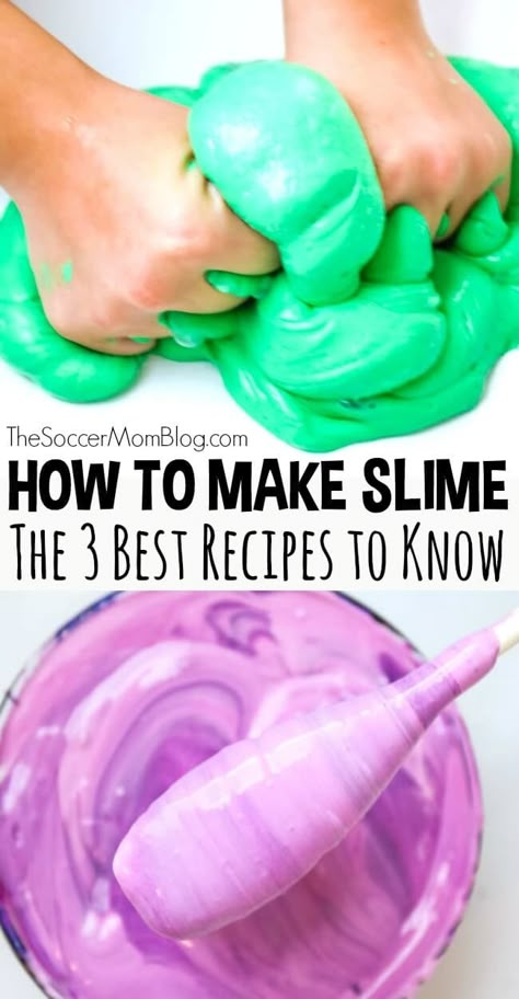 How to make slime using our three most popular recipes. With these three basic slime recipes, you'll be able to make just about any type of slime you can imagine! #slime #makeslime #slimerecipe #slimerecipes #sensoryplay Professional Slime Recipe, Arm And Hammer Slime Recipe, Slime Made With Conditioner, Bulk Slime Recipe, How To Make The Best Slime, Easiest Slime Recipe Ever, Thick And Glossy Slime Recipe, Slime Add Ins, How To Make Homemade Slime