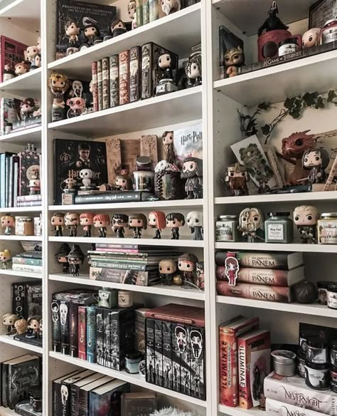 Bookshelf Funko Pop, Fandom Room Ideas, Funko Pop Shelf Aesthetic, Bookshelf Harry Potter, Fantasy Book Shelves, Funko Bookshelf, Funko Pop Bookshelf, Nerdy Bookshelf, Harry Potter Collection Display