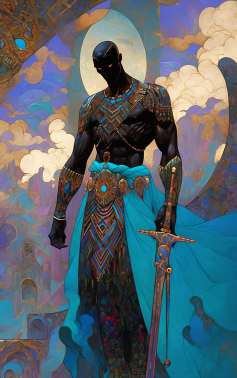 African Swordsman Art, Futuristic African Warrior, African Superhero Art, Afrofuturism Character Design, Afro Fantasy Art, Main Character Mode, Black God Art, African Fantasy Art, African Gods