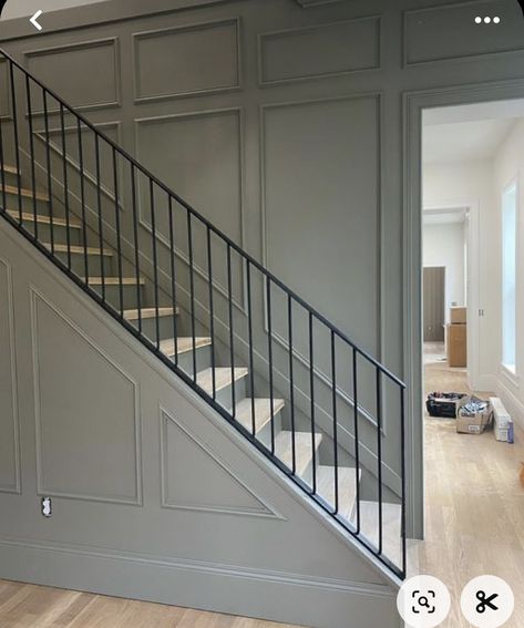 Stairwell Wainscoting Staircases, Entryway Ideas Wainscoting, Large Wall Molding Ideas, Wainscotting Stairwells, Wainscoting Up Staircase, Opening Up A Staircase Wall, Stair Wall Trim, Wainscoting Staircase Wall, Wall Going Up Stairs