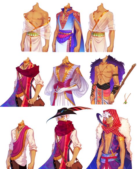 Asra costumes from The Arcana game. Desert Clothing, Draw Men, Egyptian Clothing, The Arcana, Art Outfits, Arte Fantasy, Drawing Clothes, Fantasy Clothing, Fantasy Fashion