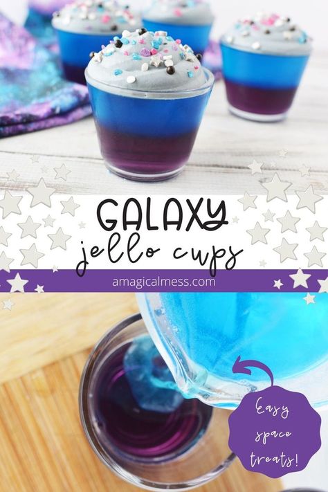 Purple and blue layered jello with gray whipped topping and galaxy sprinkles for a space-themed treat. Get creative with Jello to bring out the smiles and far out fun. #space #layeredessert #galaxytreats Diy Outerspace Decor, Space Themed Meals, Galaxy Jello, Space Popcorn, Space Party Food, Space Snacks, Stellar Vbs, Galaxy Desserts, Space Decorations