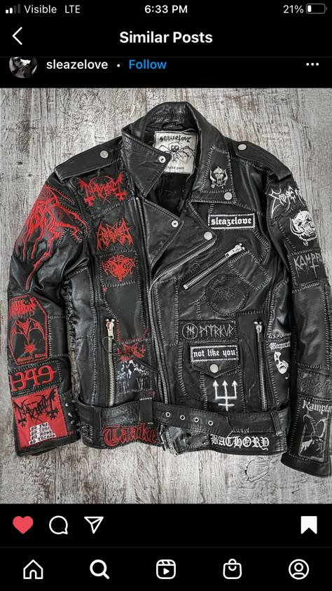 Trad Goth Battle Jacket, Black And Red Battle Jacket, Patched Leather Jacket, Goth Battle Jacket, Leather Battle Jacket, Battle Jacket Metal, Leather Jacket With Patches, Crust Jacket, Battle Jacket Ideas