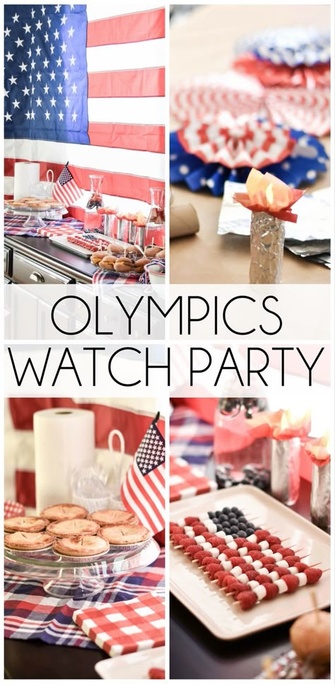 how to throw the cutest Olympics watch party - the all-American menu + the Team USA decorations + an easy Olympic torch craft = adorable America party! Olympic Party For Kids, Olympic Dinner Ideas, Olympics Food Party, Usa Party Food, Olympic Games Snacks, Olympic Meal Ideas, Olympic Party Snack Ideas, Olympic Snack Ideas, Olympic Charcuterie Board