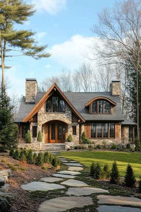 43 Charming Modern Rustic Homes You'll Never Forget Craftsman Houses With Porches, One Level Stone Houses, Earthy Houses Exterior, Ranch 2 Story House, Stone Lodge House, House Design For One Person, Exterior Rustic Homes, Rustic Stone House Exterior, Stone And Panel House Exterior