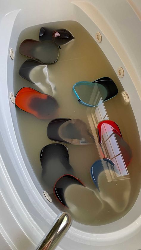 tub full of baseball hats cleaning with laundry stripping method Borax Hat Cleaning, Stripping Baseball Hats, Cleaning Hats Baseball Caps In Tub, Best Way To Clean Hats Baseball Caps, Clothing Stripping Recipe, Washing A Baseball Hat, How To Strip Hats In Bathtub, How To Strip Smelly Clothes, Wash Baseball Cap How To