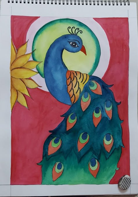 Watercolor painting Peacock Drawing For Kids, Sketching For Kids, Beautiful Art Drawings, Basic Drawing For Kids, Acrylic Painting For Kids, Pattern Lettering, Easy Watercolor Painting, Kids Canvas Painting, Colour Pencil Drawing