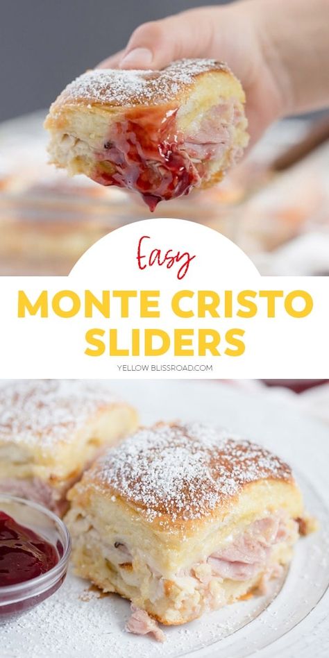 Monte Cristo Sliders are just like the classic sandwich, in mini form! Stuffed full of ham, turkey and cheese, and served with powdered sugar and jam. Crispy Prosciutto And Cheese Sliders, Easy Brunch Sandwiches, Ham And Biscuit Sliders, Easy Monte Cristo Sliders, Monte Cristo Sliders 12 Tomatoes, Monte Christopher Pinwheels, Turkey Ham And Cheese Sliders, Football Sunday Sliders, Cold Sandwich Recipes For A Crowd