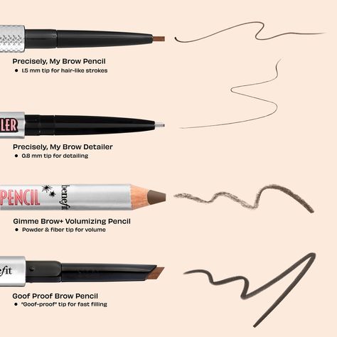 Discover which brow pencil is for YOU! 😍 Precisely, My Brow Pencil: Achieve natural brows with this 1.5mm tip. Precisely, My Brow Detailer: Get into the fine details with this .8mm tip to achieve your dream brow. Gimme Brow+ Volumizing Pencil: Fluffy, textured brows is easily achieved with this fiber powder brow pencil. Goof Proof Brow Pencil: Effortlessly fill in your brows with this large triangular tip. Benefit Goof Proof, Fiber Powder, Goof Proof Brow Pencil, Precisely My Brow Pencil, Mac Lip, Waterproof Eyebrow Pencil, Gimme Brow, Filling In Eyebrows, Lip Liners