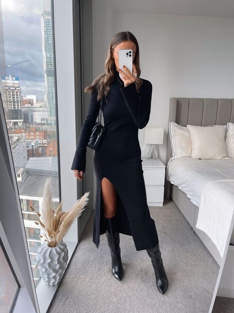 Long Black Dress Outfit, Knitted Dress Outfit, Black Dress Winter, Black Dress Outfit Casual, Long Knitted Dress, Winter Dress Outfits, Fall Dress Outfit, Black Dress Outfits, Black Knit Dress