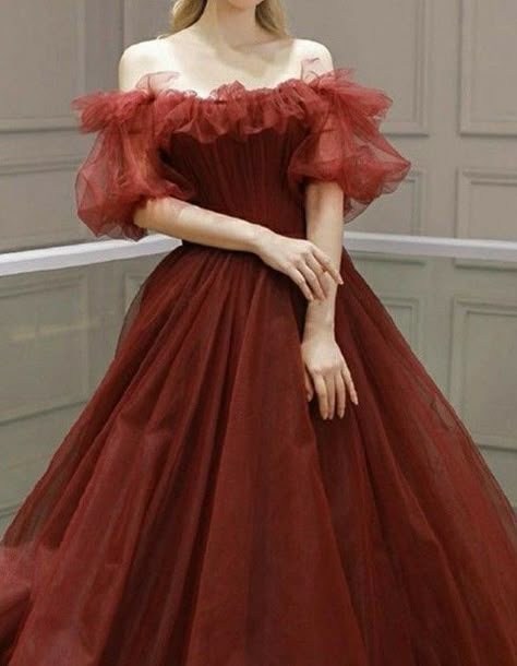 Fairy Gown Prom, Maroon Princess Dress, Red Ball Dress Aesthetic, Prom Dress Dark Red, 18th Debut Dress, Dark Red Dress Aesthetic, Red Fairy Dress, Red Gown Aesthetic, Ball Gown Aesthetic