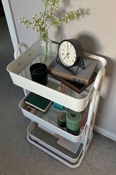 Bedside Cart Night Stands, Cart Nightstand Aesthetic, Roller Cart Ideas, Dorm Nightstand Ideas, Rolling Cart Nightstand, Rolling Cart Aesthetic, Small Uni Room Ideas Uk, Cart In Bedroom, 3 Tier Rolling Cart Ideas