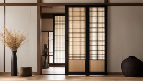 Japandi Door Ideas: Elegant Blends of Style & Function - Mojo Boutique Asian Door Design, Japanese Bifold Doors, Japanese Style Door, Japandi Door Design, Fusuma Doors, Japanese Door Design, Shop Interiors Ideas, Japandi Door, Japandi Wardrobe