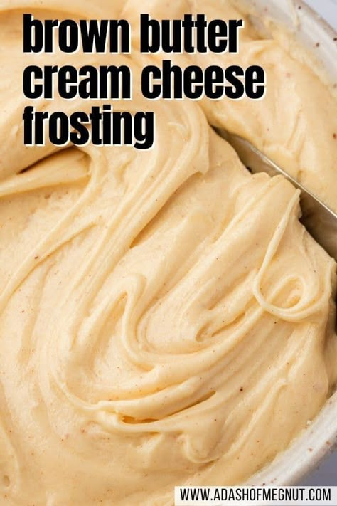 Is there anything better than a creamy, buttery frosting? This brown butter cream cheese frosting takes your average frosting to the next level. The slight nuttiness of the brown butter pairs perfectly with the tanginess of the cream cheese, and results in a delicious, irresistible frosting that you'll want to put on everything! Cakes, cookies, cupcakes… you name it! #recipe #dessert Brown Butter Frosting Recipe, Peanut Butter Cream Cheese Frosting, Brown Butter Cream Cheese Frosting, Brown Butter Cream Cheese, Brown Sugar Icing, Homemade Cream Cheese Frosting, Cream Cheese Frosting Easy, Brown Butter Frosting, Butter Cream Cheese Frosting