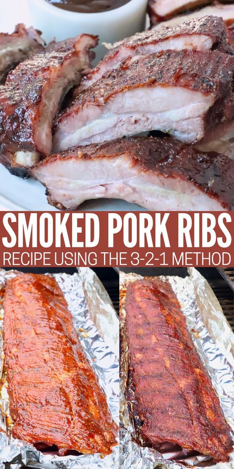 Learn how to make tender, flavorful baby back ribs every time with this simple recipe for Smoked Ribs! Using the 3-2-1 method is an easy way to make ribs on the smoker. Simply season and smoke the ribs for 3 hours, wrap and smoke the ribs for 2 hours, then sauce and smoke the ribs for 1 hour. This method results in perfectly tender, fall-off-the-bone baby back ribs every time! Pork Ribs Grilled, Smoked Pork Ribs, Grilled Meat Recipes, Pork Rib Recipes, Smoked Meat Recipes, Barbecue Ribs, Smoked Ribs, Back Ribs, Smoked Pork