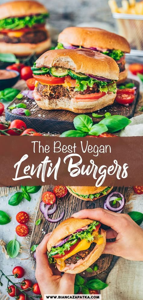 These delicious Veggie Burgers are easy to make with protein-rich lentil patties made with healthy ingredients! They have a classic burger flavor and pair well with any toppings – Just like the McDonalds Clubhouse Veggie Burger or the new McPlant, but homemade, healthier and 100% vegan! Sweet Potato Lentil Burger, Easy Vegetarian Burgers, Quinoa Lentil Burger, Lentil Oat Burgers, Red Lentil Burgers, Low Carb Veggie Burger, Lentil Walnut Burger, Lentils Burger Recipe, Lentil Burgers Recipe